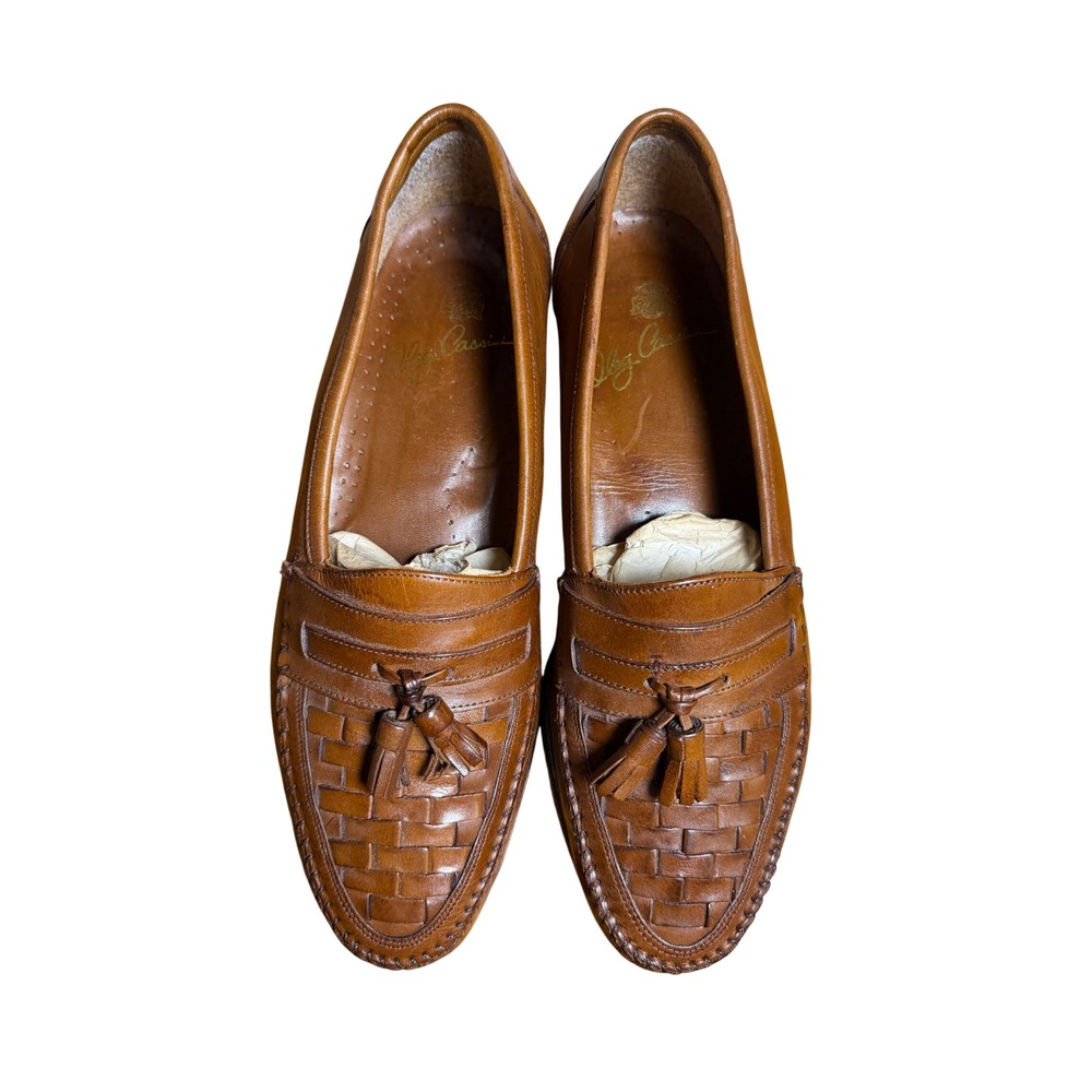 Oleg Cassini Mens Brown Leather Woven Tassel Loafers Made in Brazil Size 9.5 M